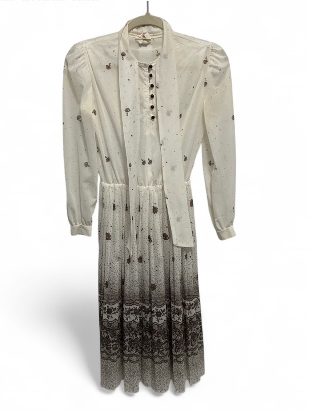 Vintage The Jones Girl Ivory & Brosn Long Sleeve Dress with Tie Neck